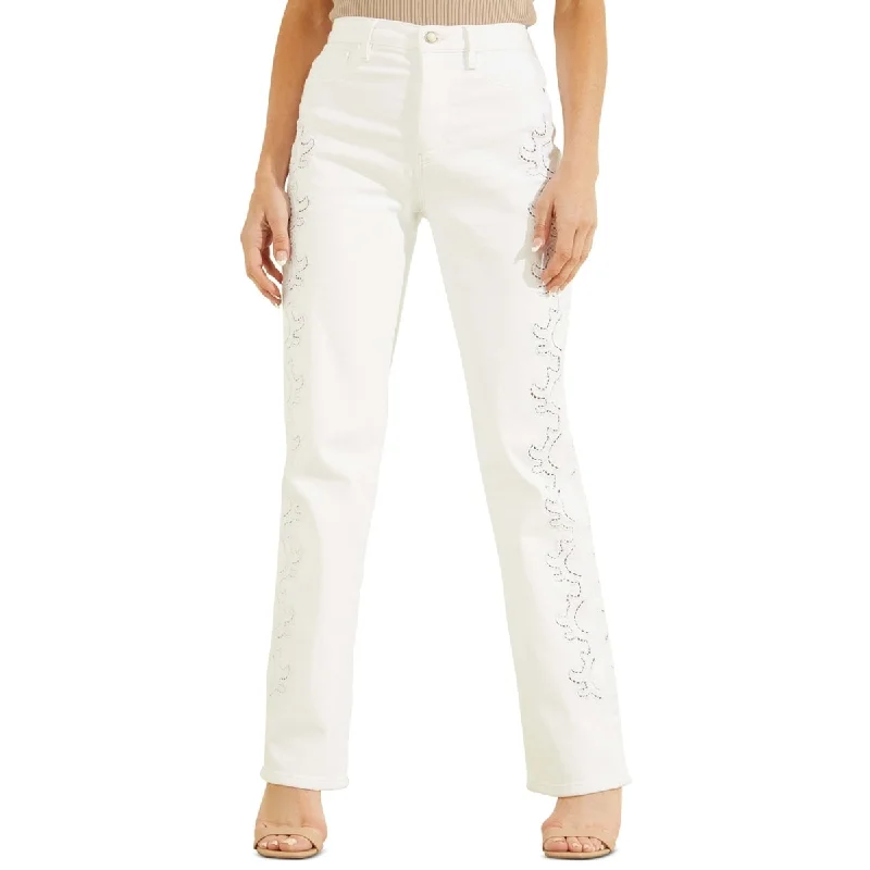 GUESS Women's Embroidered Straight Leg Jeans White Size 31X33