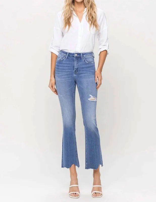 Scalloped Hem High Rise Kick Crop Flare Jeans In Light Wash