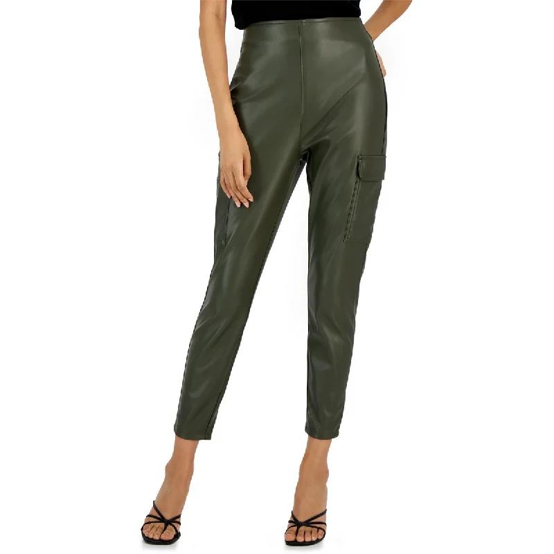 Juniors Womens High Rise Faux Leather Cargo Pants