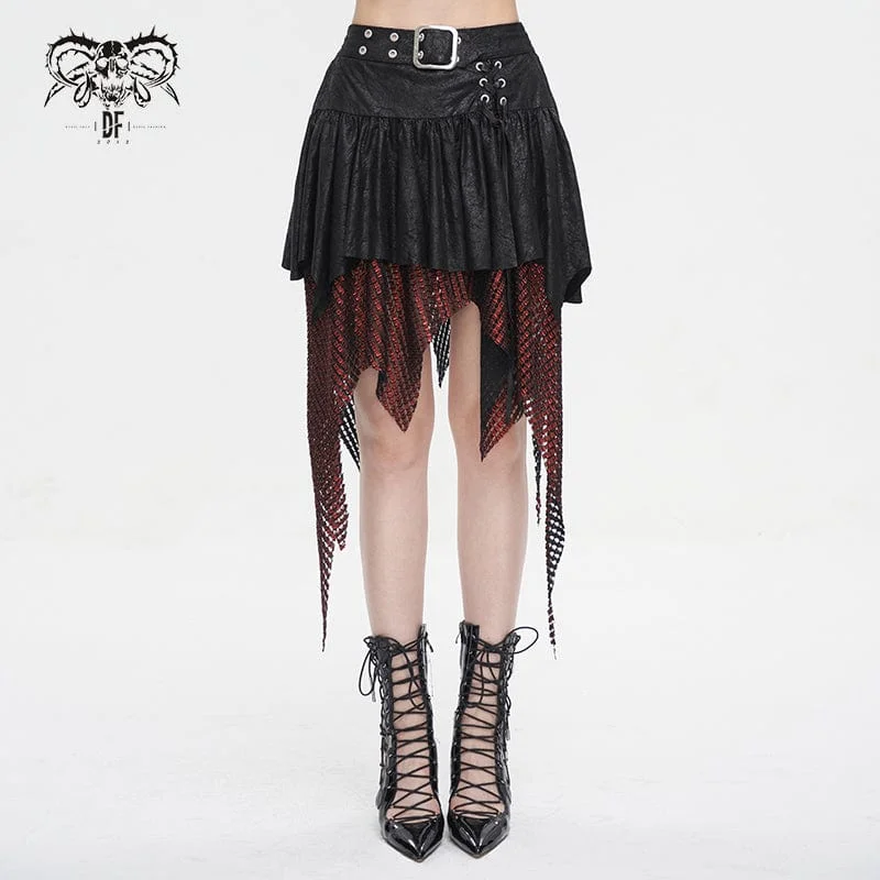 Women's Gothic Irregular Mesh Splice Buckle Skirt Red