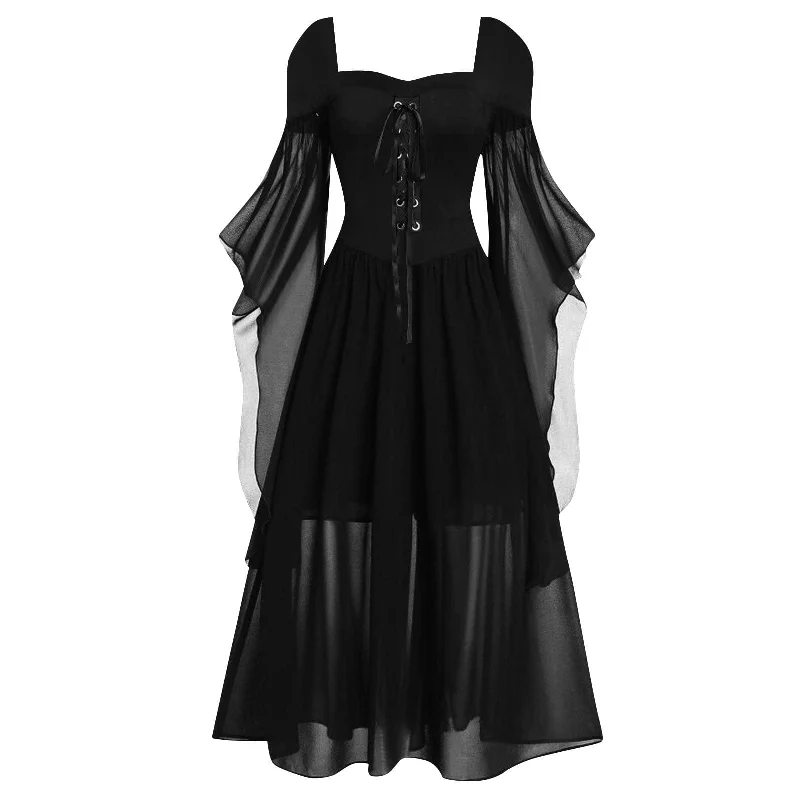 Women's Gothic Contrast Color Lace-up Witch Dress