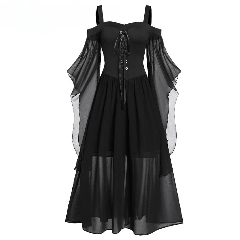 Women's Gothic Contrast Color Flared Sleeved Witch Slip Dress