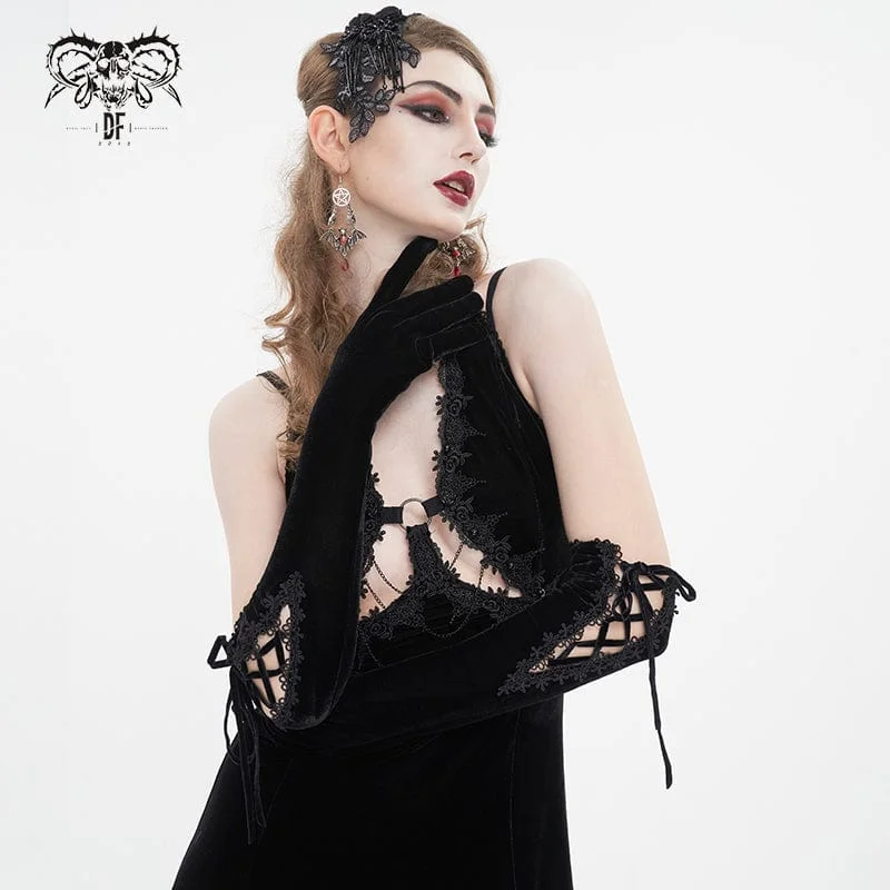 Women's Gothic Lace-up Lace Hem Velvet Gloves Black