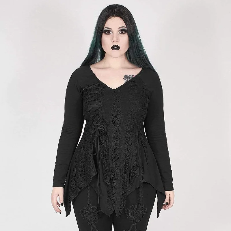 Women's Gothic Black Lace Asymmetrical Hemline Full Sleeve Top