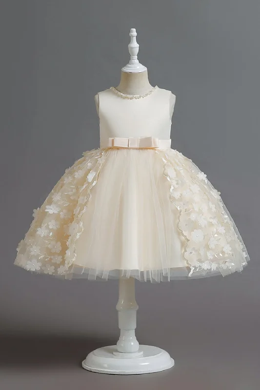 Champagne A Line Tulle Sleeveless Flower Girls' Party Dress With Bow