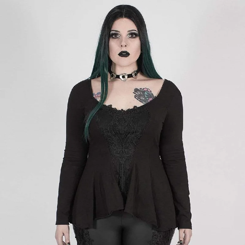 Women's Gothic Punk Black Asymmetrical Full Sleeve Top with Scoop Neck