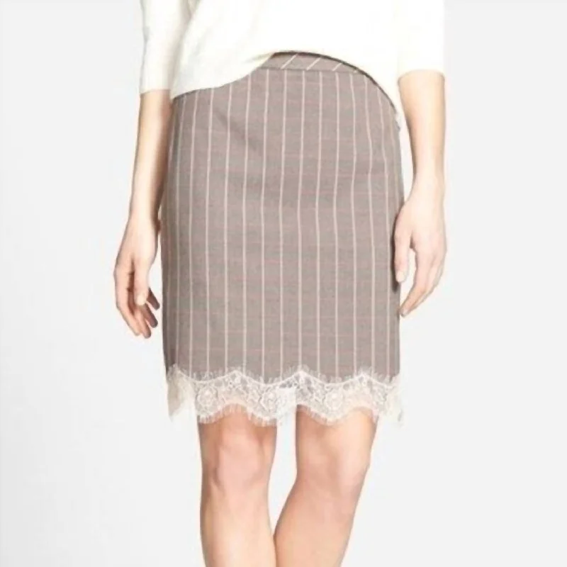 Lace Trim Plaid Pencil Skirt In Cream