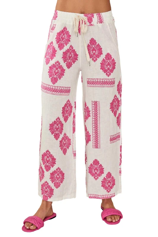 Linen Damask Print Drawstring Pants In Fuschia Pink