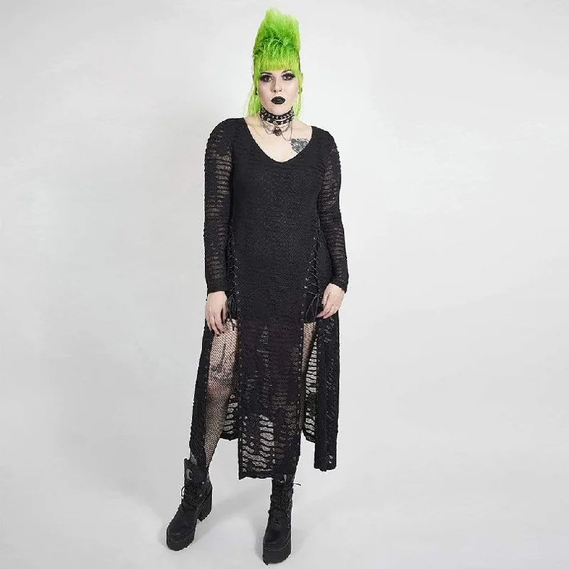 Women's Plus Size Gothic Full Sleeved Net Midi Dress with Slits