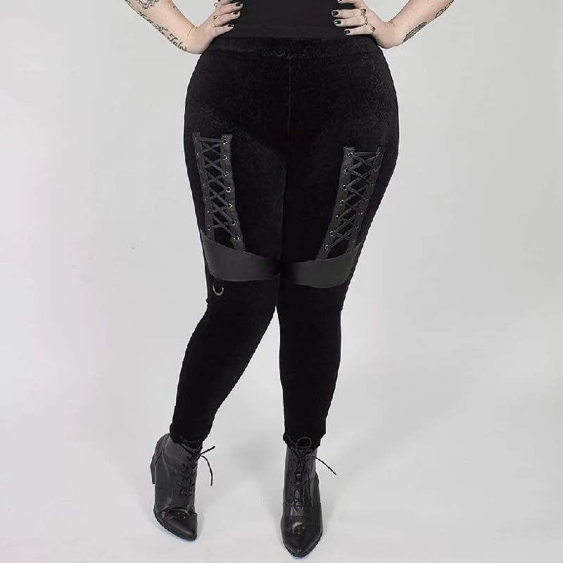 Women's Plus Size Gothic Velvet Jacquard Leggings with Faux Leather Details