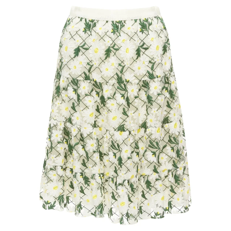 Giambattista Valli Embroidered Daisy Cotton Blend Midi Skirt