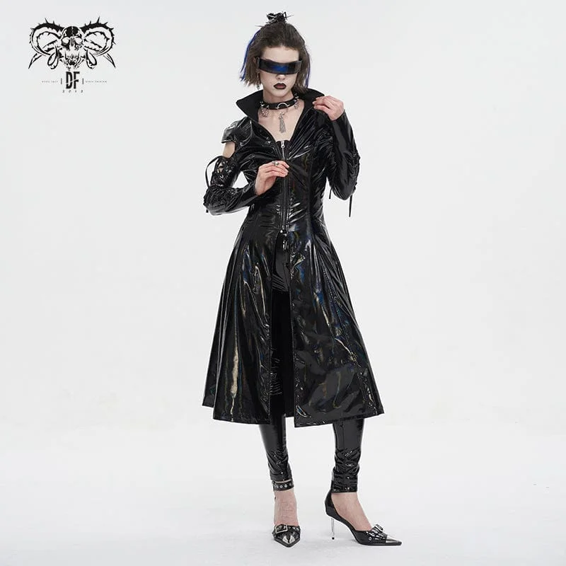 Women's Punk Lace-up Mesh Splice Patent Leather Coat