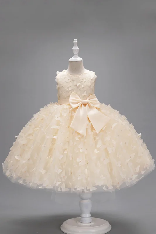 Champagne Princess Butterfly Tulle Girls' Dress With Bow