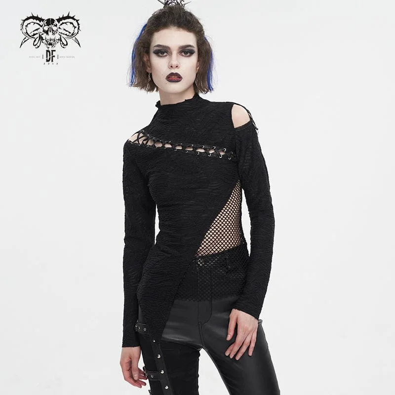 Women's Gothic Strappy Cutout Mesh Splice Shirt