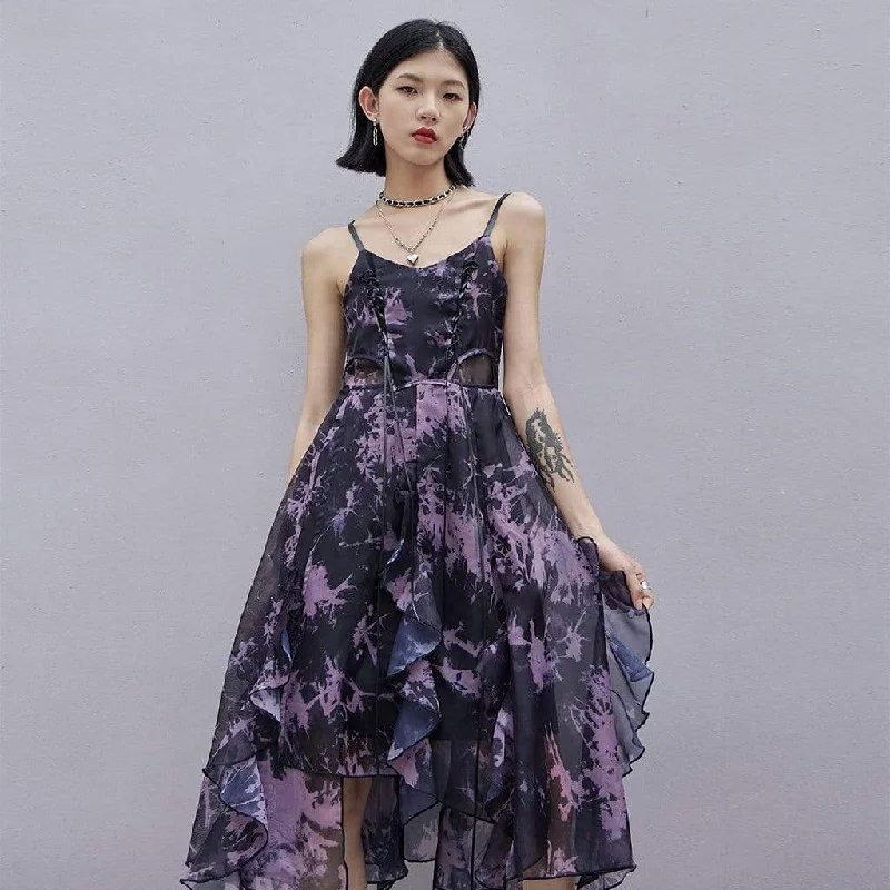 Women's Punk Floral Chiffon Slip Dress with Ruffles