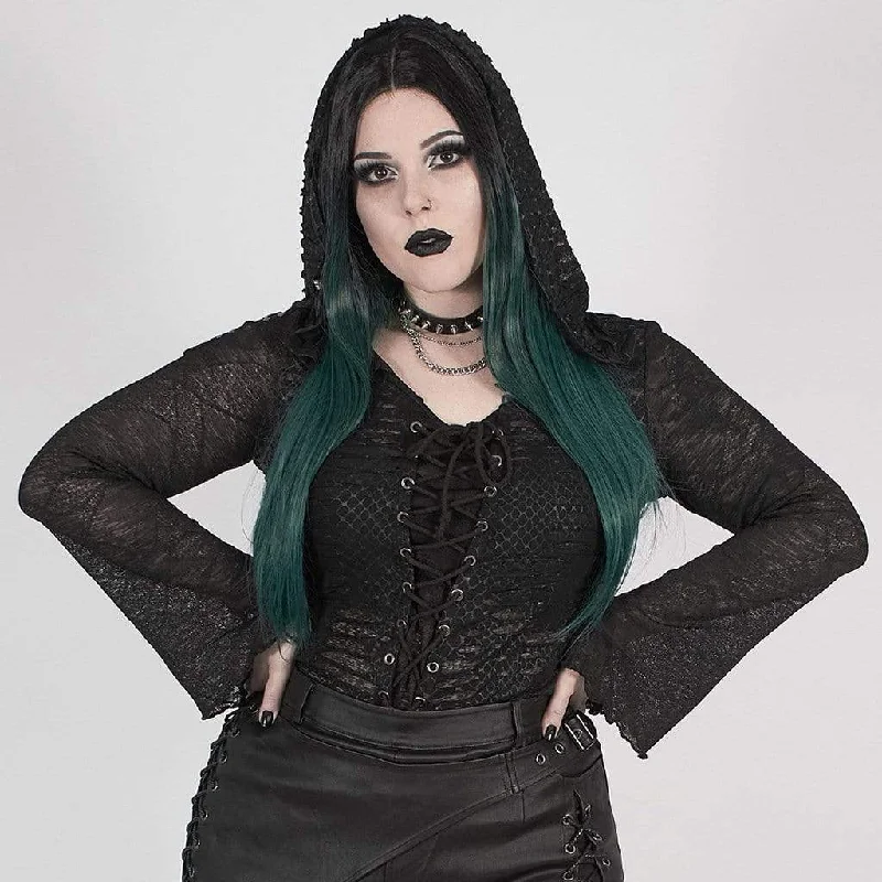 Women's Gothic Grungy Black Lace Hooded Top with Flared Sleeves