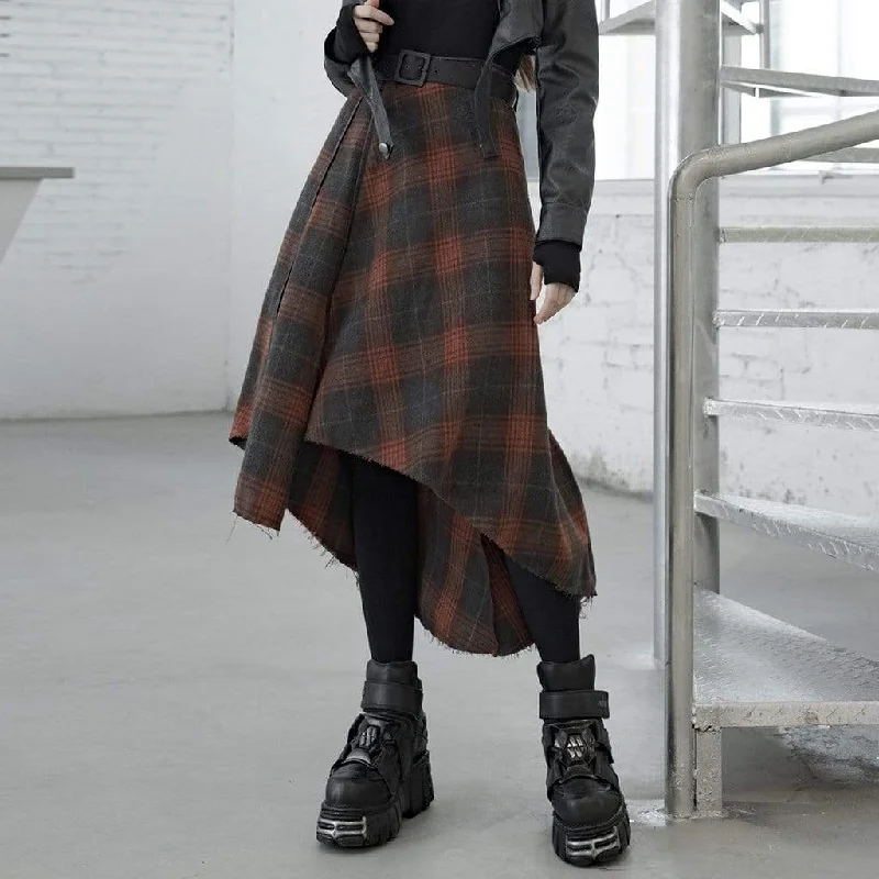 Women's Grunge High-Waisted Plaid Irrgular Skirt with Belt