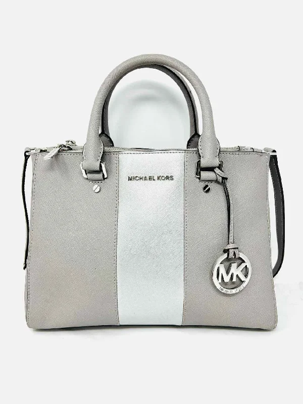 Michael Michael Kors Taupe/Silver Stripe Leather W/ DUST BAG Designer Satchel