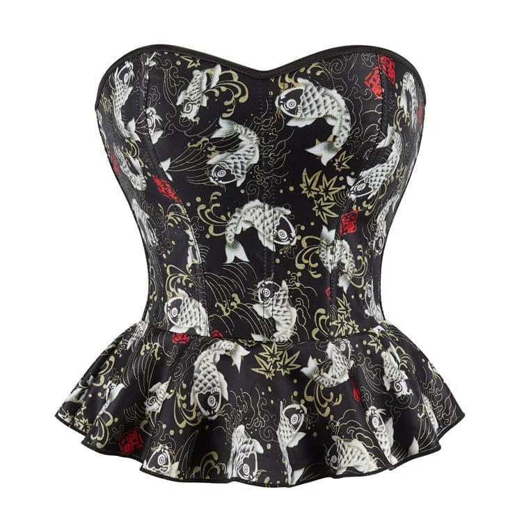 Women's Gothic Koi Fish Printed Ruffled Overbust Corset