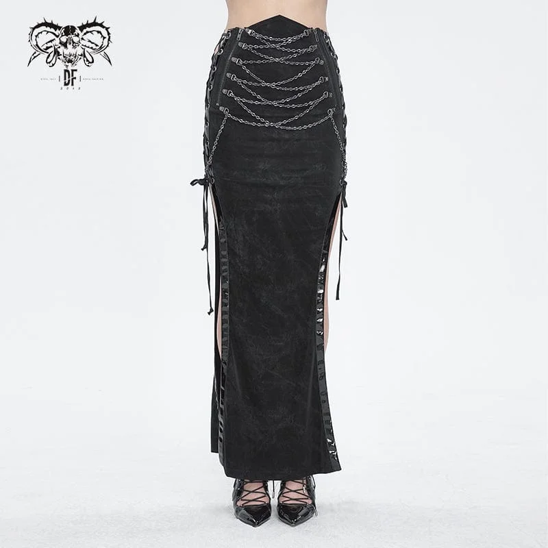 Women's Punk Buckle Side Slit Wrapped Long Skirt