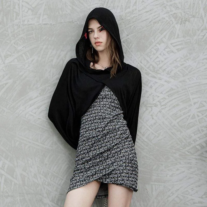 Women's Grunge Puff Sleeved Black Short Cloak with Hood