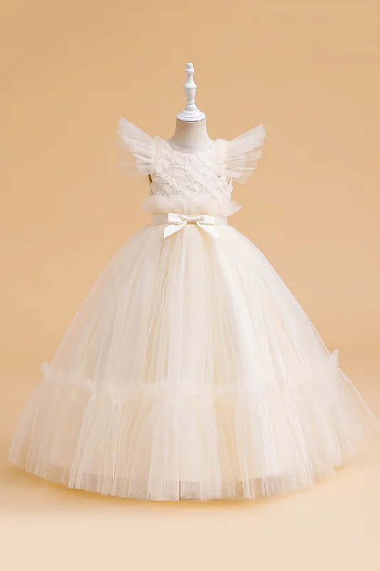 Tulle A Line Champagne Girl Dress with Bow