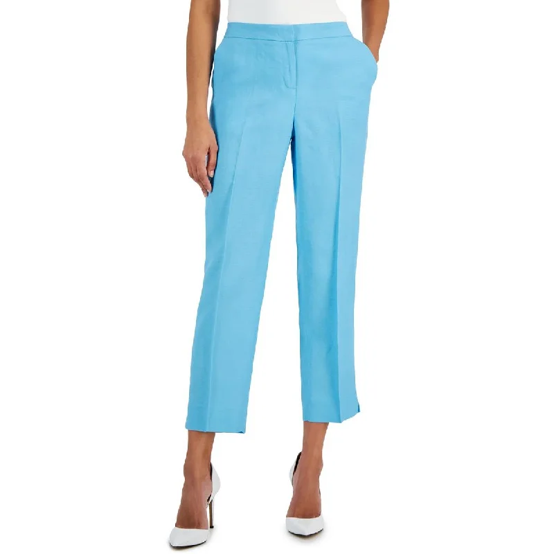 Petites Womens Solid Pleated Cropped Pants