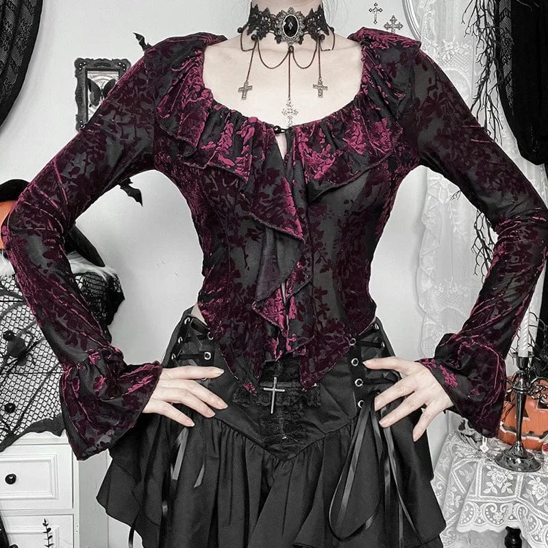 Women's Gothic Floral Mesh Long Sleeved Shirt Black Red