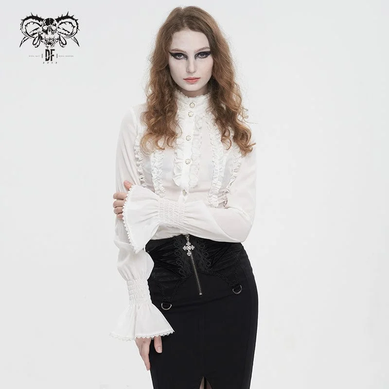 Women's Gothic Stand Collar Ruffled Shirt White