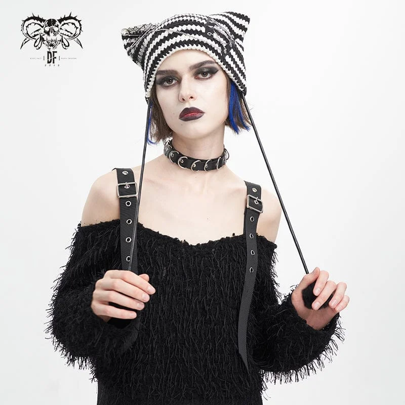 Women's Grunge Striped Pin Car Ears Beanie Black