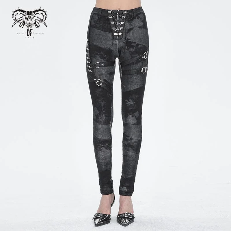 Women's Punk Tie-dyed Buckle Lace-Up Leggings Black