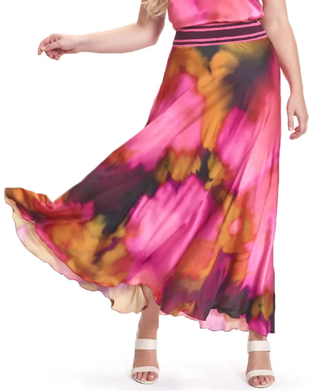 Wild Abstract Satin Maxi Skirt In Pink Multi