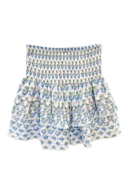 Women's Pleated Smocked Mini Skirt In Green Turquoise Print