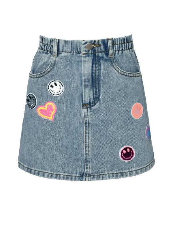 Girl's Vintage Jean Skirt With Sequin Patches In Stonewash