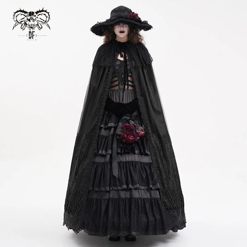 Women's Gothic Lace Tassels Mesh Cloak with Hood