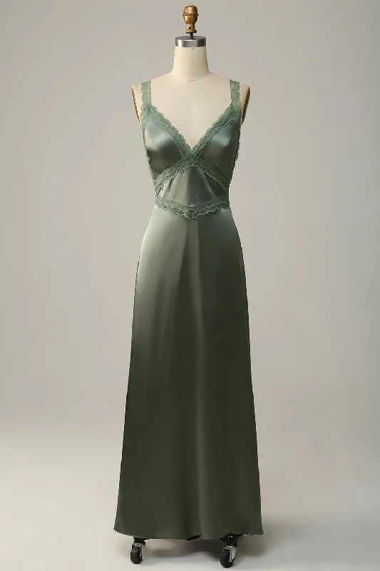 V-Neck Open Back Dusty Green Bridesmaid Dress with Lace