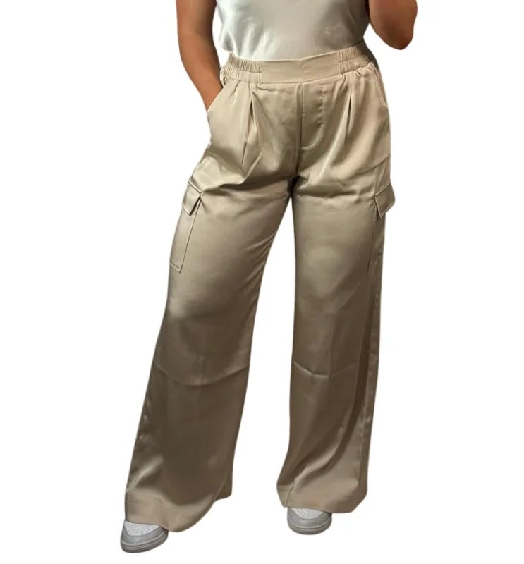 Pull On Satin Cargo Pant In Beige