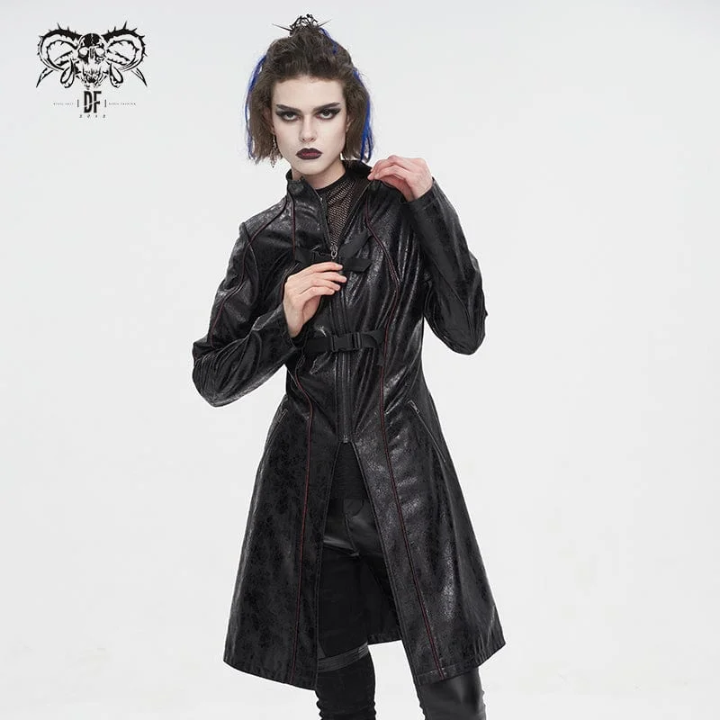 Women's Punk Double-buckle Faux Leather Coat Black