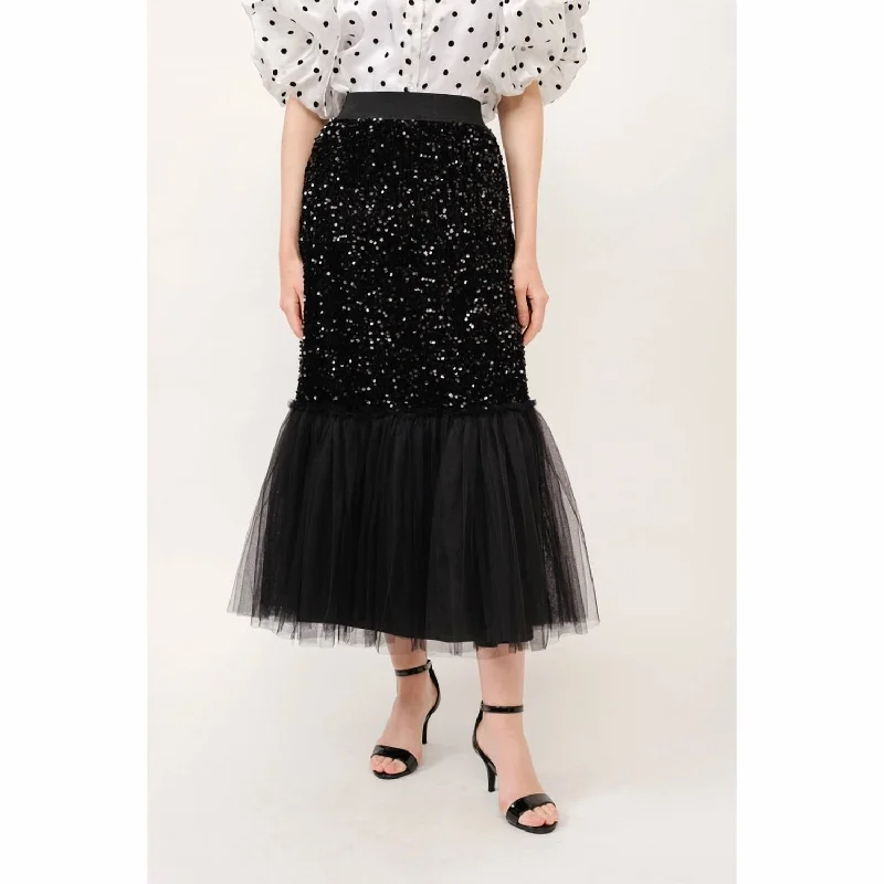 Sequins Maxi Skirt With Tulle Layers In Black