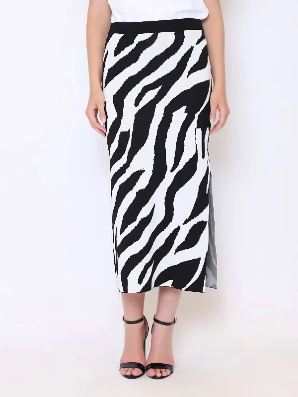 Zebra Stripe Side Slit Pencil Skirt In Black/white