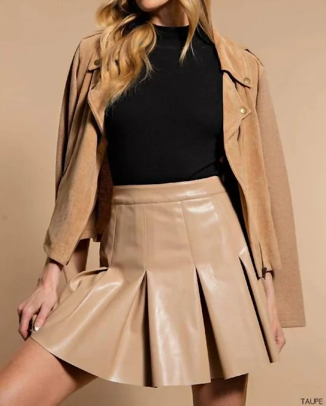 Faux Leather Pleated Mini Skirt In Taupe