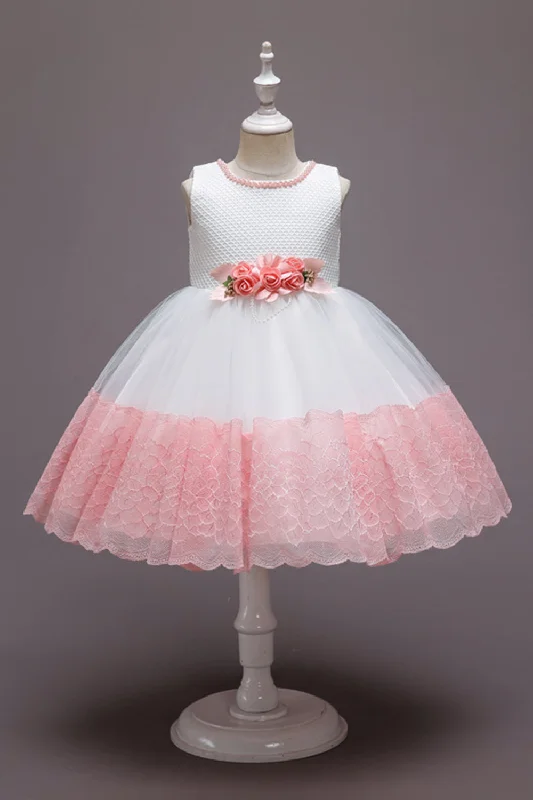 Pink Sleeveless Flower Tulle Girls' Dress With Bow