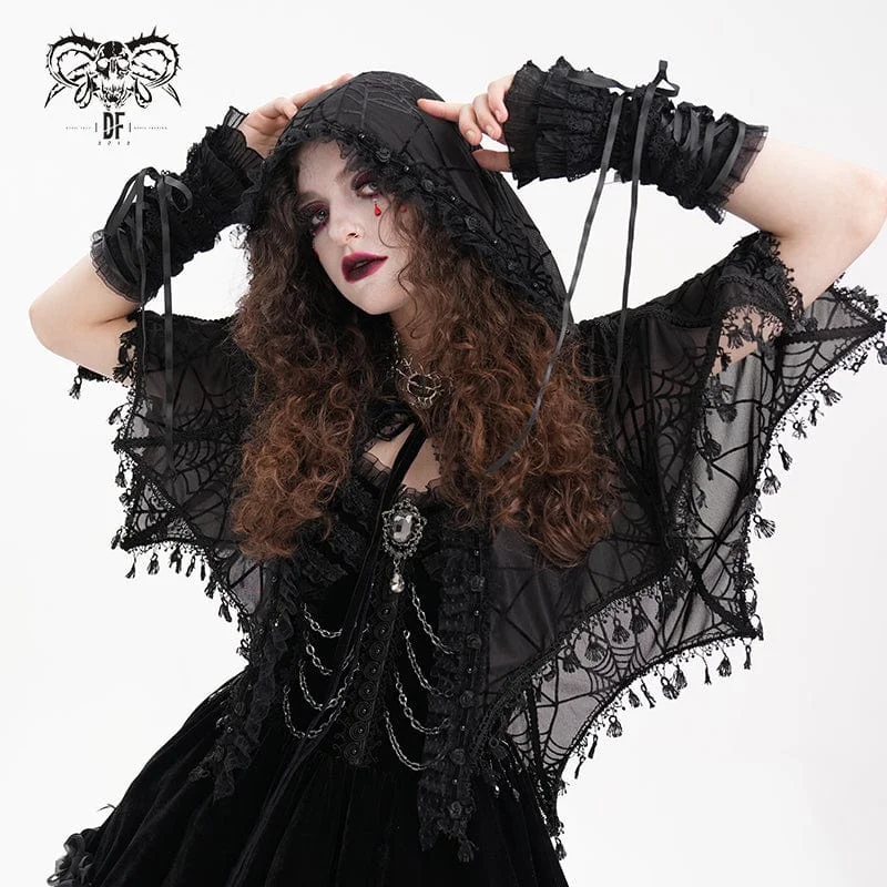 Women's Gothic Tassels Strap Mesh Cape with Hood