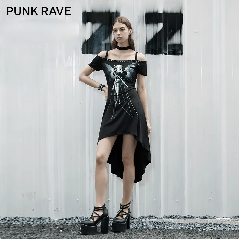 Women's Punk High/low Off Shoulder Black Dress