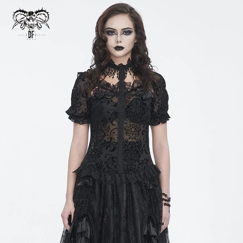 Women's Gothic Puff Sleeved Flocking Mesh Sheer Shirt