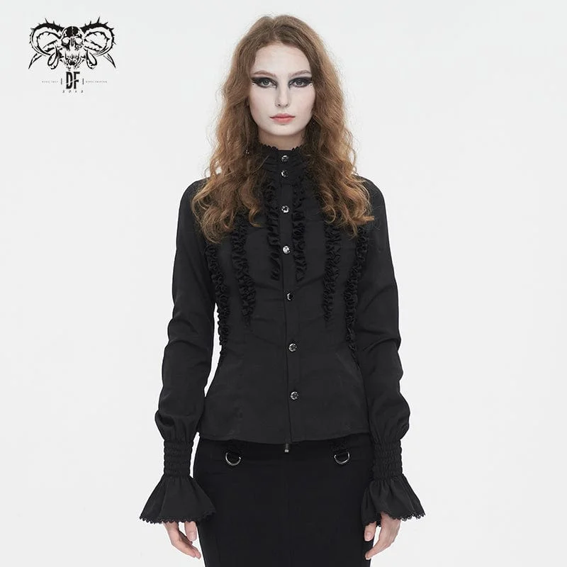 Women's Gothic Stand Collar Ruffled Shirt Black