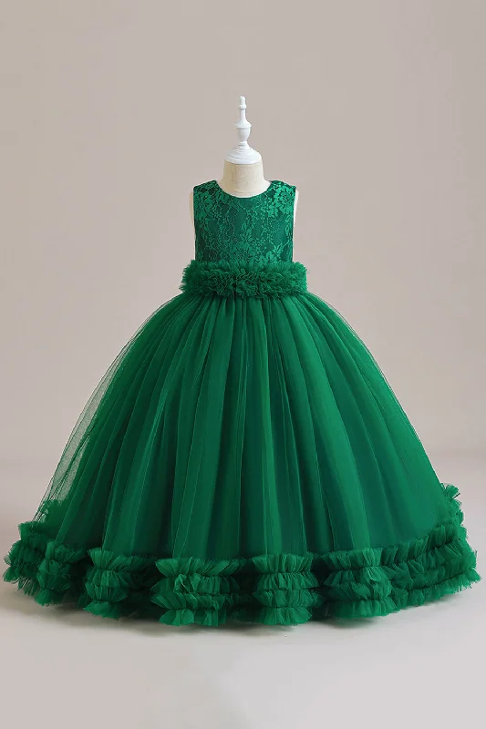 Sleeveless Green Tulle A Line Girl Dress with Lace