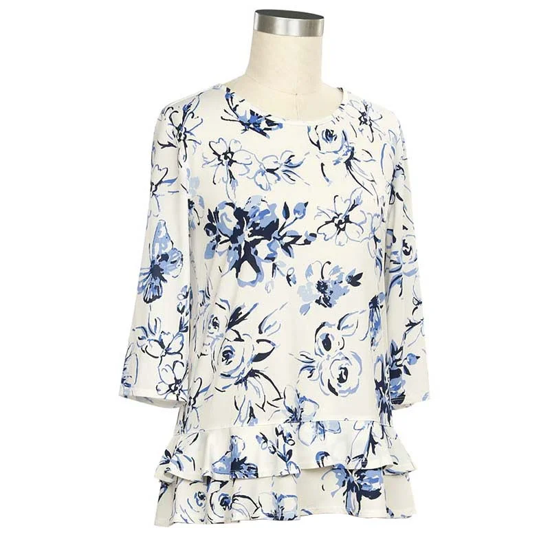 Women's 3/4 Sleeve Candid Charm Floral Ruffle Top 484B