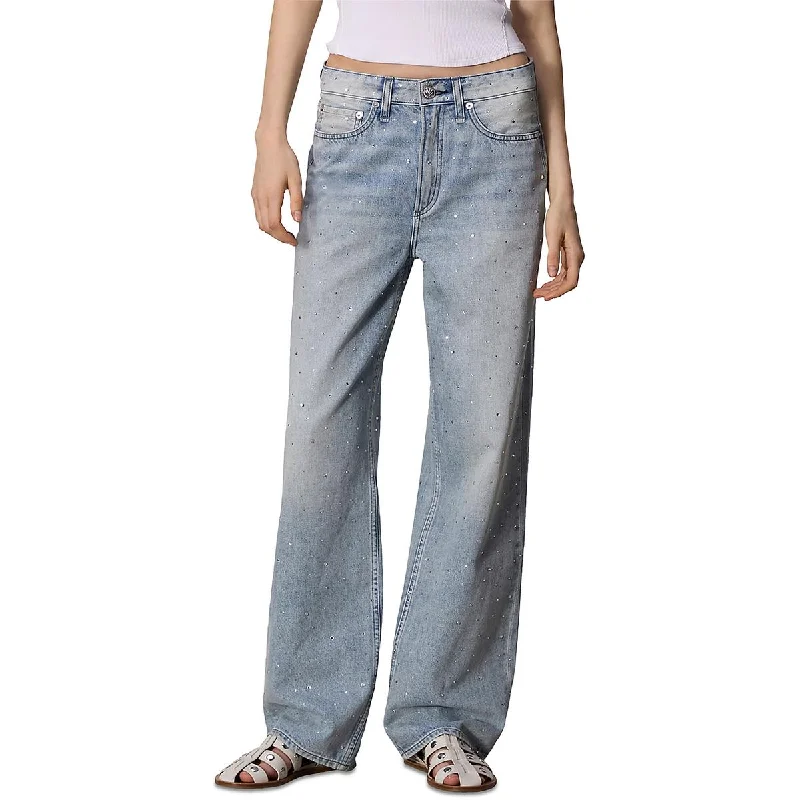 Womens Mid-Rise Light Wash Wide Leg Pants