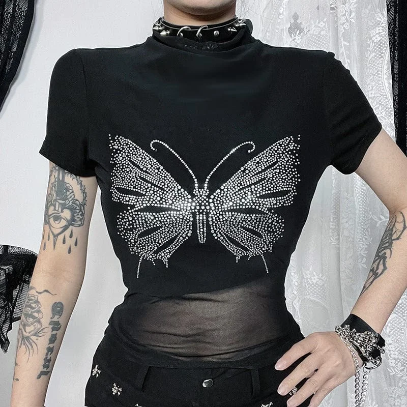 Women's Punk Butterfly Rhinestone Mesh Splice Shirt